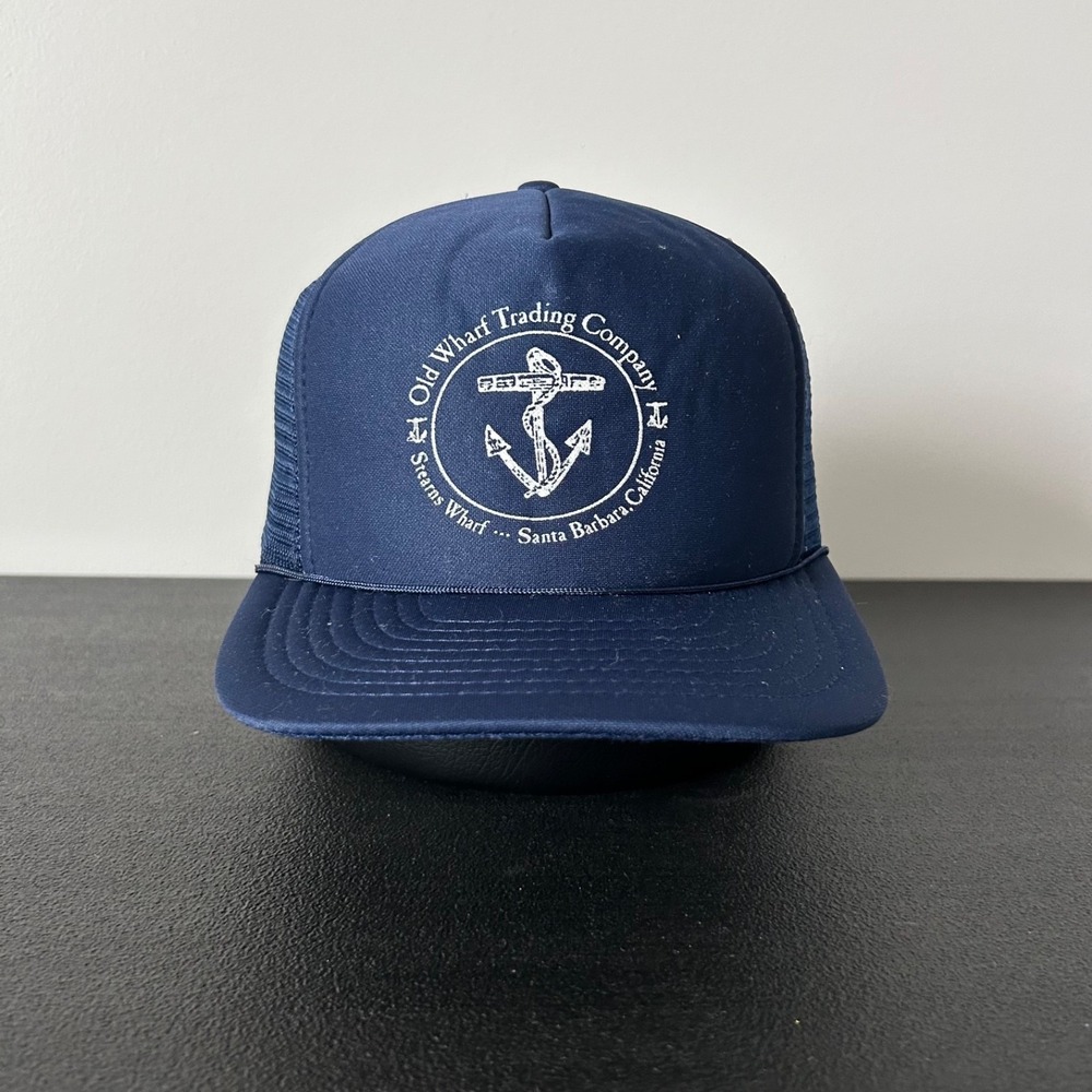 Vintage 90s Old Wharf‎ Trading Co Trucker Hat Cap Snap Back Adjustable Navy Blue